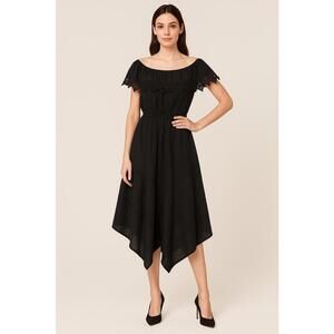 Women’s Med Black Cotton Spanish Dress Handkerchief Hem Peasant Off The Shoulder